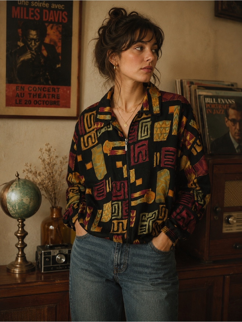 Vintage Image Canada Abstract Art Print Full Zip Jacket Retro 90s Size XL